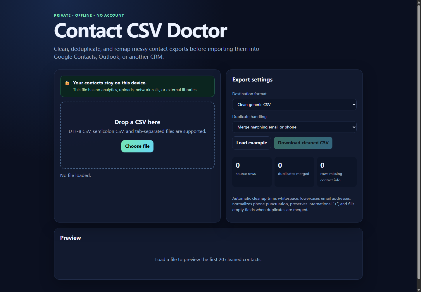 Contact CSV Doctor interface showing contact cleanup results